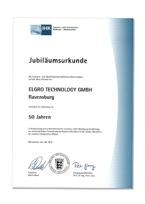 Jubiläumsurkunde ELGRO Technology GmbH